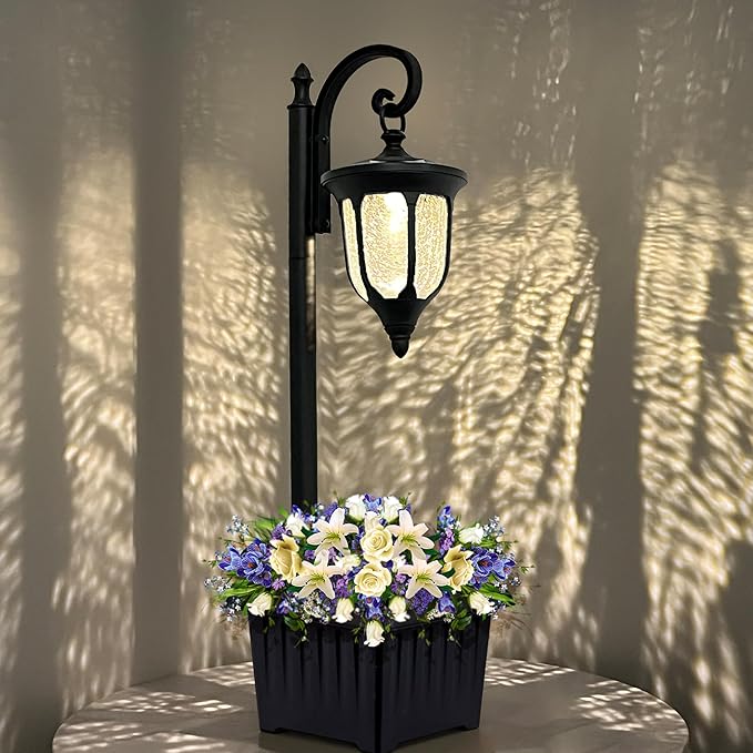 Solar Lamp Post Light with Planter, Outdoor Solar Lights with Crackle Glass, Matte Black Outdoor Flower Pots, 2 in 1 Solar Post Lights Waterproof for Porch Garden Patio