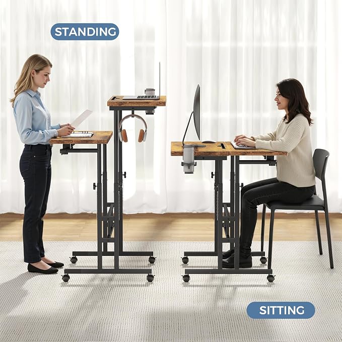 DUMOS Rolling Standing Desk, Sit Stand Desk, Computer Cart | 23.6 Inch Width, Height Adjustable, Split Top, Mobile Laptop Workstation, Office Table, Portable Design, Rustic Brown