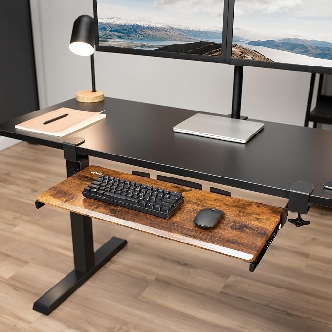 VIVO Vintage Brown Large 27 x 11 in Under Desk Keyboard Tray, MOUNT-KB05N | Keyboard Tray for Typing, Slide Out Platform, Rustic, Extra Sturdy C-Clamp Mount System, Computer Drawer, Black Frame