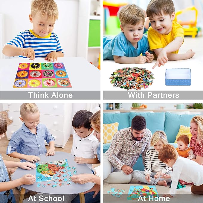LELEMON Puzzles for Kids Ages 4-6,4-Pack 100 Piece Puzzles for Kids Ages 4-8 in a Metal Box,Donut National Parks Map USA Map Dogs Educational Jigsaw Puzzles Puzzle Games Puzzle Toys for Girls and Boys