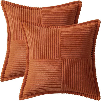 MIULEE Fall Rust Decorative Throw Pillow Covers for Couch Bed Livingroom 12x12 Inch Set of 2 Boho Accent Throw Pllows Broadside Striped Patchwork Soft Corduroy Pillowcases, Terracotta