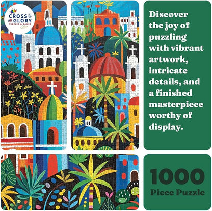 Cross & Glory - Vivid Vistas of Mexico - 1000 Piece Jigsaw Puzzle for Adults | Vibrant Folk Art Puzzle | Best New Mexican City Puzzle | Eco-Friendly & Challenging
