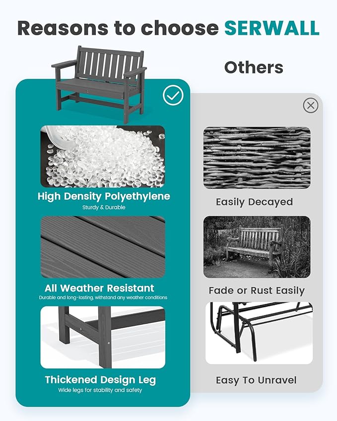 SERWALL Outdoor Bench, HDPE Outdoor Benches Weatherproof, 2-Person Garden Bench with 660 lbs Weight Capacity, Patio Benches for Outdoors, Garden, Porch, Backyard and Park, Grey, 4 Pack
