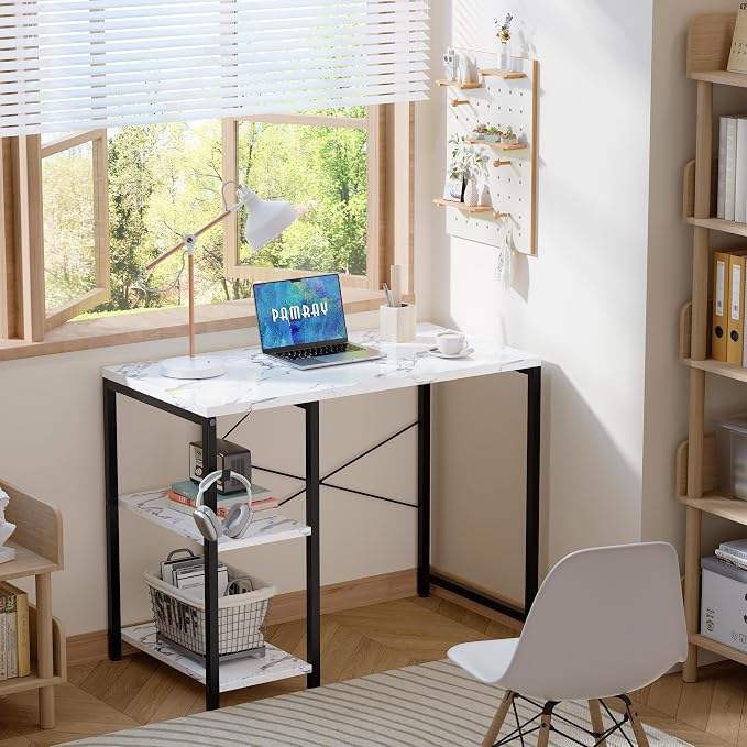 Pamray 32 Inch Small Computer Desk with Shelves for Bedroom Small Spaces | For Home Office, Dorm and Apartment, for Study and Writing, Headphone Hook, Space-Saving, Compact, Easy Setup