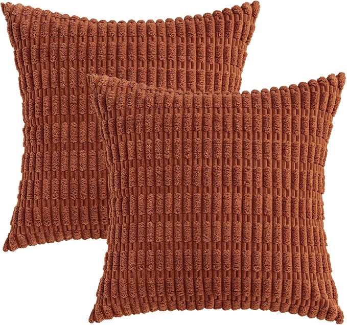 MIULEE Fall Pack of 2 Dark Rust Corduroy Decorative Euro Sham Pillow Covers 24x24 Inch Soft Boho Striped Throw Pillow Covers Modern Farmhouse Home Decor for Sofa Living Room Couch Bed