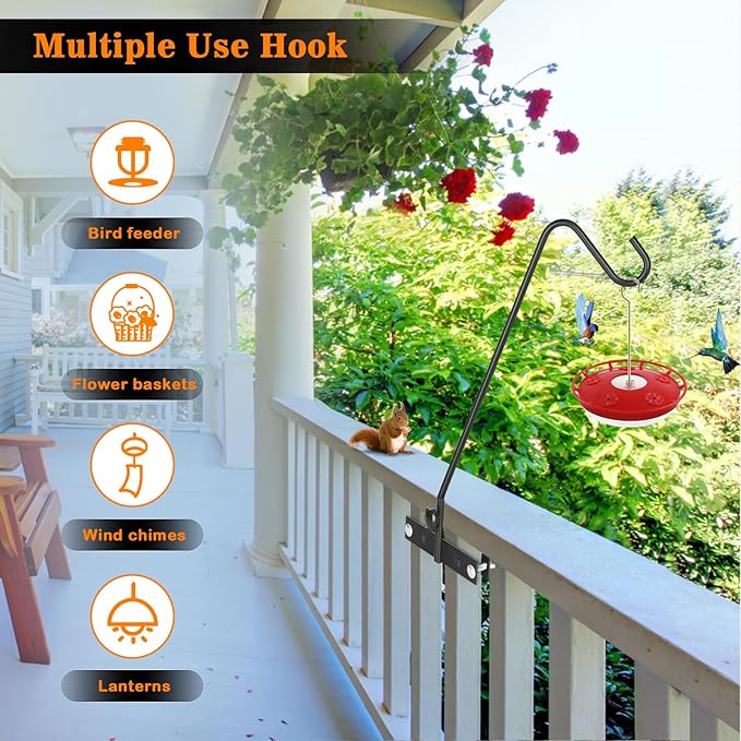 FEED GARDEN 2 Pack 13.5 Inch Deck Hooks for Vertical Railing, Adjustable Deck Bird Feeder Hanger for Hanging Lanterns, Wind Chimes, Flower Baskets, Suet Feeders