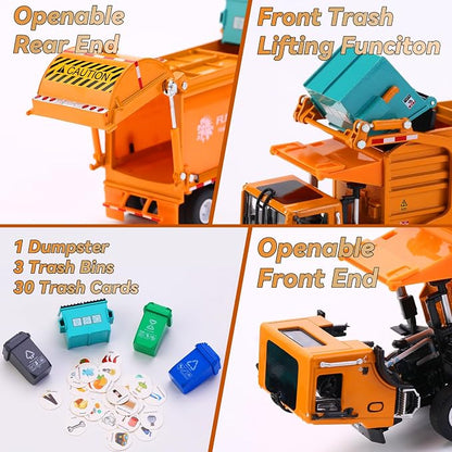 FUBARBAR Truck Toy Model – 1:43 Diecast Metal Garbage Recycling Waste Transport Truck with Trash Bin, Pull Back Model Car Toy for Kids 4-6 Age Boys Birthday Gift (Orange)