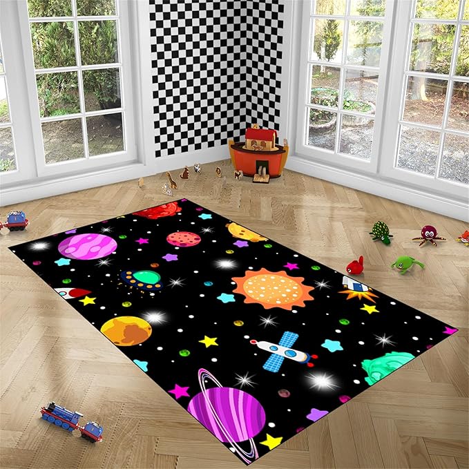 Space Rug - Space Rug for Boys Room Solar System Rug Planet Carpet for Kids Outer Space Area Rug Bedroom Boys Kids Rugs for Playroom Galaxy Rugs for Boys Bedroom,Black,5'×7'