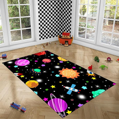 Space Rug - Space Rug for Boys Room Solar System Rug Planet Carpet for Kids Outer Space Area Rug Bedroom Boys Kids Rugs for Playroom Galaxy Rugs for Boys Bedroom,Black,5'×7'