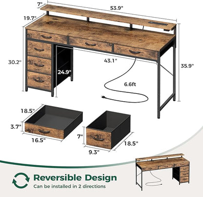 Huuger Gaming Desk with 6 Drawers, Computer Desk with LED Lights Power Outlets and Type-C, 55 Inch Office Desk with Storage, Monitor Stand, Writing Desk for Home Office, Rustic Brown, 1CD102F