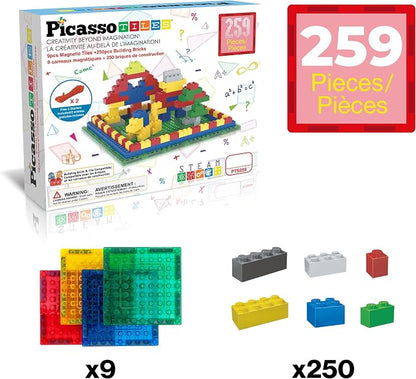 PicassoTiles Magnetc Brick Tile 259pcs Building Block Combo Set Compatible with Major Brick Systems Over 50+ Builds STEM Educational Construction Toy for Kids Toddlers Boys Girls Ages 3 and Up PTS259