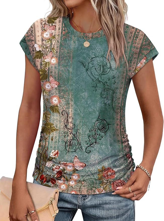 Sampeel Womens Summer Tops Trendy 2026 Ruched Cap Short Sleeve Tshirts Shirts Crew Neck T Shirts Fashion