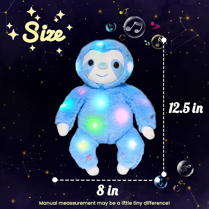 Hopearl LED Musical Plush Sloth Light up Stuffed Animal Three Toed Sloth Floppy Night Lights Glow in The Dark Birthday Festival for Kids Toddlers, Blue, 12.5''