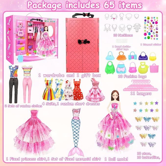 66Pcs Doll Clothes and Accessories with Doll Closet for 11.5 Inch Doll Dress up Set with 1 Doll Fashion Dresses Outfits Tops and Pants Shoe Rack Bags Gift Toy for Girls 4 5 6 7 8 9 10 Years