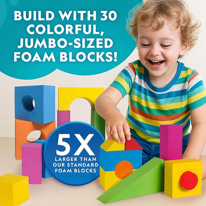 National Geographic Kids Jumbo Foam Blocks – 30-Piece Foam Building Blocks for Toddlers & Preschoolers, Soft Stackable Blocks with Storage Bag, Early Learning & Sensory Building Toy