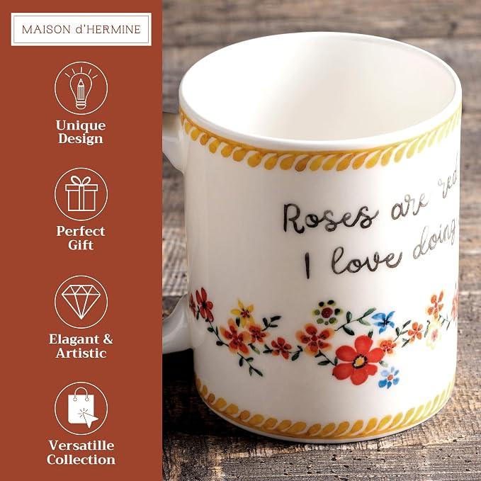 Maison d' Hermine Coffee Mug with Handles Tea Cups (12 Ounce, Pack of 1) | Fine Bone China Coffee Mugs for Hot Beverages Cappuccino Latte Home Spring Summer -Happy Florals - Sweety Roses Are Red