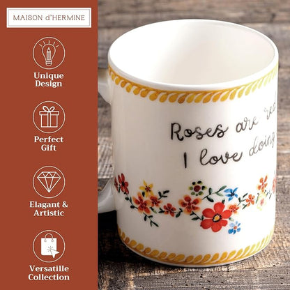 Maison d' Hermine Coffee Mug with Handles Tea Cups (12 Ounce, Pack of 1) | Fine Bone China Coffee Mugs for Hot Beverages Cappuccino Latte Home Spring Summer -Happy Florals - Sweety Roses Are Red