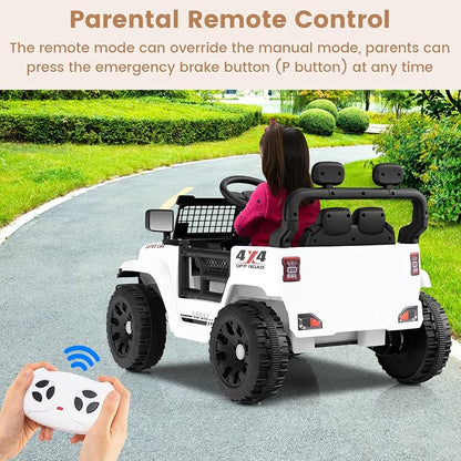 OLAKIDS 12V Ride On Truck, Battery Powered Electric Vehicle for Kids with Remote Control, Foldable Reflective Mirror, Spring Suspension, Music, LED Lights, Ride on Toy for 3+ Boys Girls (White)