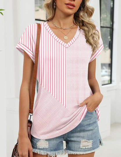 Rapbin Womens Summer Tops Women Blouses Dressy Casual V Neck T Shirts Short Sleeve Spring Tops for Women