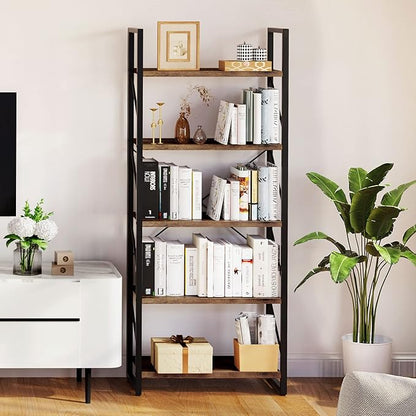 YITAHOME 5-Tier Bookshelf, Freestanding Book Shelf, Industrial Minimalist Open Display Storage Book Shelves Standing Shelving Unit for Living Room Bedroom Home Office, Rustic Brown