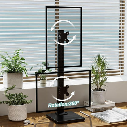 Suptek Dual Monitor Stand with Base Vertical Stack Screen Free-Standing Monitor Riser Fits Two Screen Max 36" & One Screen Max 43" with Swivel, Tilt, Height Adjustable,50,75 and 100mm Vesa Base Stand