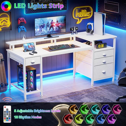 Furologee 60" White Computer Desk with 4 Drawers, Power Outlet, LED Lights | Home Office Desk with Full Monitor Stand,Storage Shelves, 4 File Drawers Cabinet ,Printer Space for Study Working Bedroom