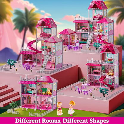 JUKUDAHU Villa Playset for Girls Ages 3-7, 3-Story 8 Room House with 2 Dolls, Furniture and Accessories, Indoor Playset Girls Toys for Ages 6-8, Pretend Toddler Toy, Birthday Gifts for Kids 4-8