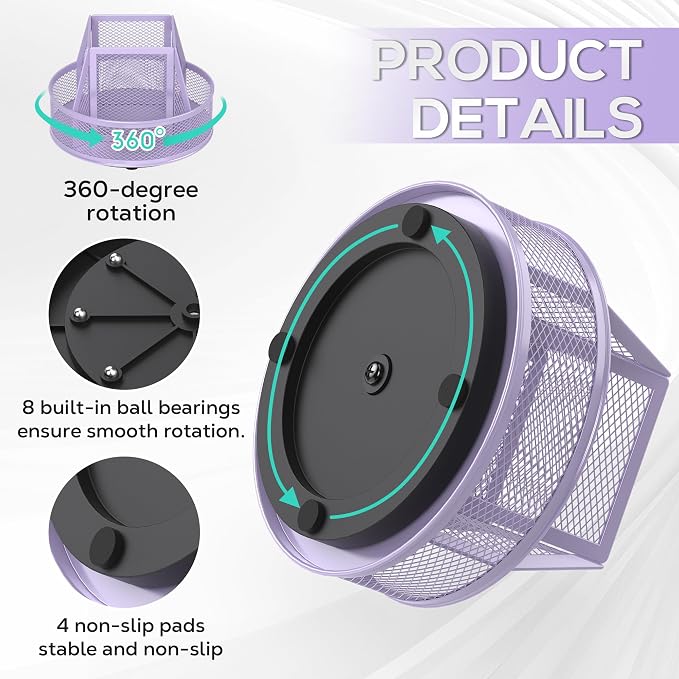 YINGHUA Metal Mesh Desk Organizer with 5 Compartments and Rotating Pencil Holder Pen and Stationery Organizer for Office Home School Anti Slip Base Purple