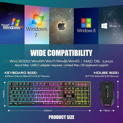 RedThunder K10 Wireless Gaming Keyboard and Mouse Combo, RGB Backlight Rechargeable 3800mAh Battery, 26-Key Anti-ghosting Keyboard + 7D 3200DPI Mice for PC Gamer