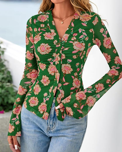 BTFBM Button Down Shirts for Women 2026 Fall Boho Tops V Neck Long Sleeve Blouses Ruched Mesh Fitted Fashion Clothing
