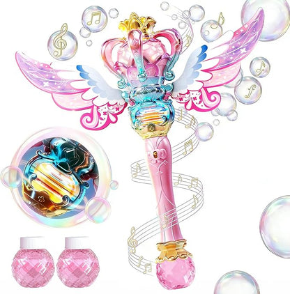 Uregoio Princess Bubble Wand for Girls - Rechargeable Spinning Light Up Magic Fairy Scepter Bubble Machine Toy with 12 Bubble Refills & Music, Birthday Gift for Kids Toddlers Age 3-8 (Pink)