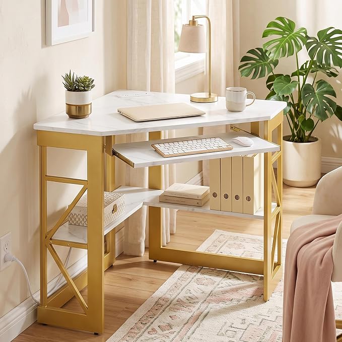 VECELO Corner Desk, Triangle Computer Desk for Small Space with Charging Station and Keyboard Tray, Corner Makeup Table with Storage Shelves for Home Office Bedroom, 41x30, Gold
