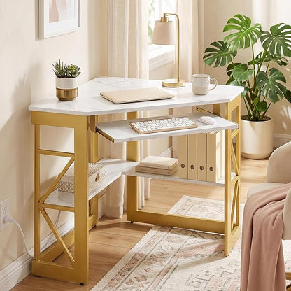 VECELO Corner Desk, Triangle Computer Desk for Small Space with Charging Station and Keyboard Tray, Corner Makeup Table with Storage Shelves for Home Office Bedroom, 41x30, Gold