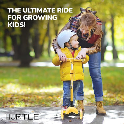 Hurtle Mini Kickboard 3 Wheel Scooter for Kids Ages 2-5 - Lean-to-Steer Toddler Scooter with Light-up LED Wheels, Adjustable Height & Rear Foot Brake for Boys. & Girls, Anti-Slip, Indoor/Outdoor