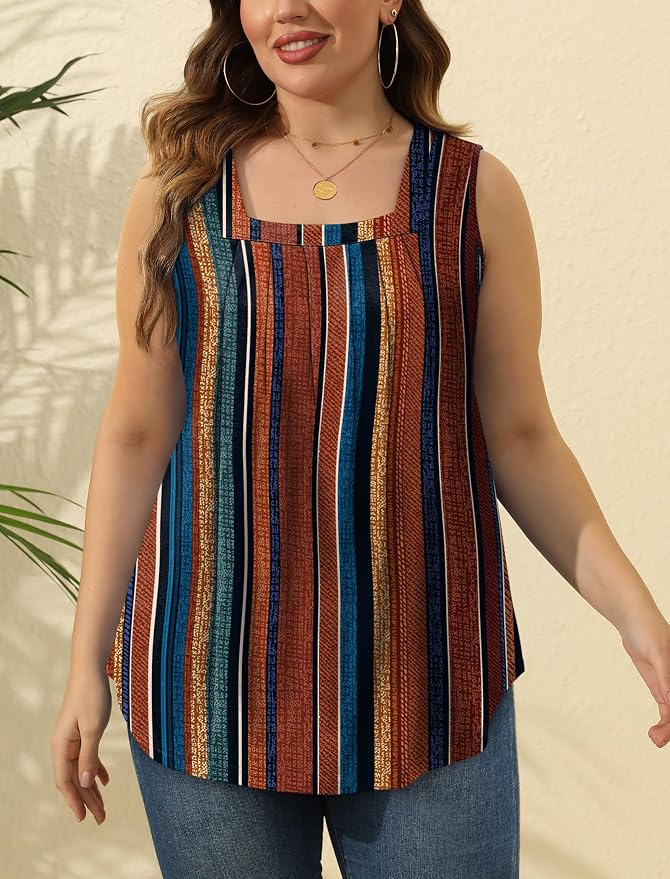 Saloogoe Summer Tank Tops for Women Loose Fit Pleated Square Neck Sleeveless Tops Curved Hem Flowy