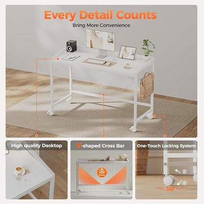 Mericonia 32x20 Inch Small Computer Desk with Wheels & Rear Lip | Simple Rolling Desk, Writing Table for Home Office Bedroom Work Study, White