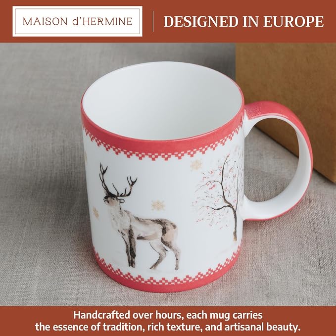 Maison d' Hermine Coffee Mug with Handles Tea Cups (12 Ounce, Pack of 2) | Fine Bone China Coffee Mugs for Hot Beverages Cappuccino Latte Home Restaurant Hotel Spring Summer -Rural Christmas