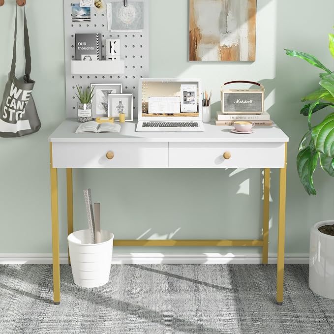 Weehom Computer Desk with Drawers, Home Office Workstation, White Gold | Sturdy and spacious workstation for writing, studying and gaming, Suitable for PC and laptop use