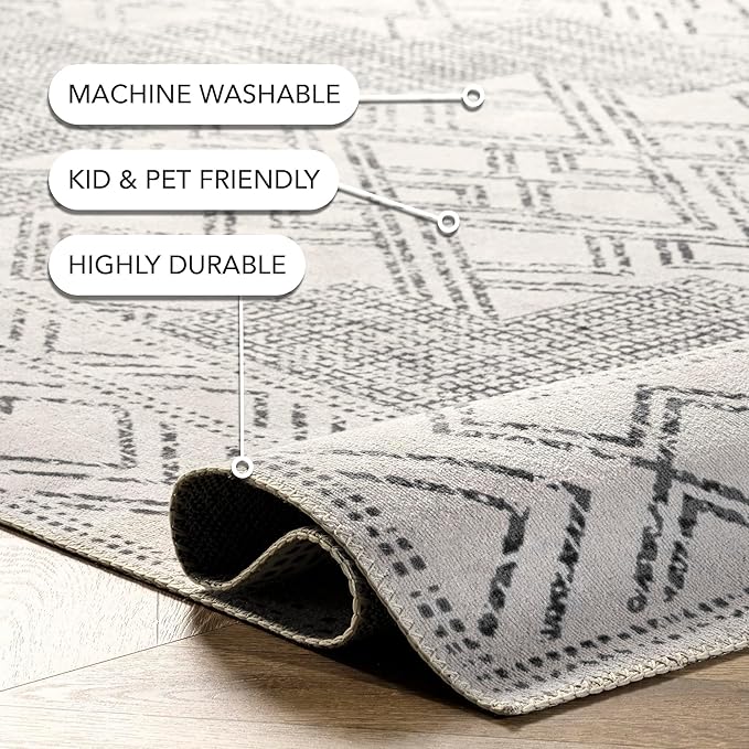 nuLOOM Mia Machine Washable Geometric Medallion Runner Rug, 2' 6" x 8', Light Grey, Rectangular
