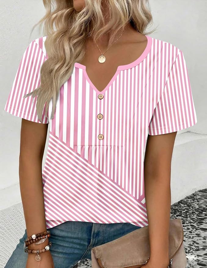Zeagoo Womens Short Sleeve Tops Summer Henley V-Neck Tshirts Casual Pleated Blouse Dressy Loose Floral Basic Tee