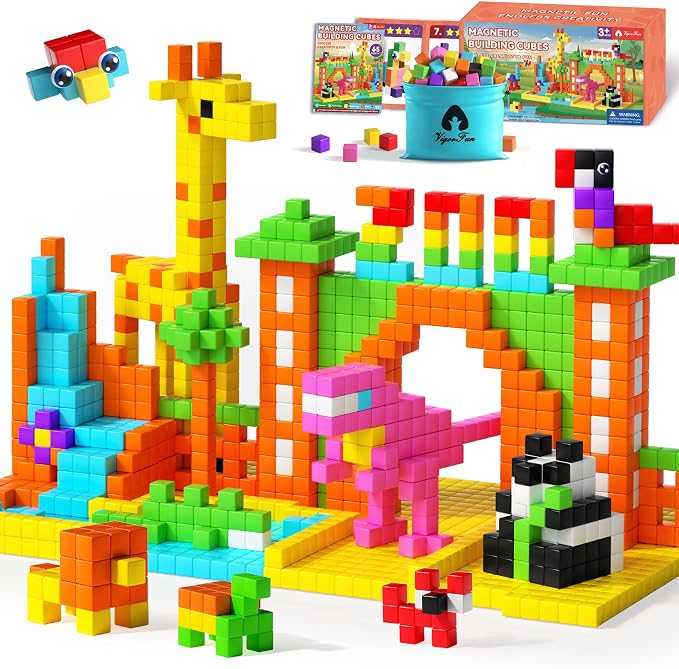 65 PCS Magnetic Blocks Set, 1" Magnet Building Blocks with Toy Eyes and Storage Bag for Kids Gifts, STEM Educational Preschool Sensory Toys for Toddlers Boys Girls Ages 3 4 5 6 7 8 + (Bright Color)