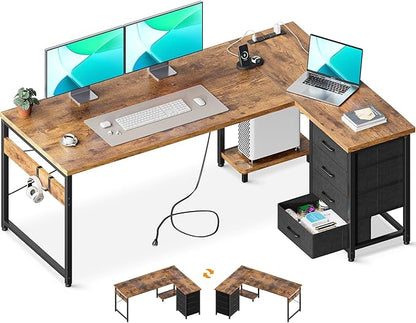 AODK 61" L Shaped Gaming Desk with 4 Drawers and Power Outlets, Vintage | USB Ports, PC Tower Stand, Hooks, Reversible Corner Layout for Gaming Rooms, Bedrooms and Home Office