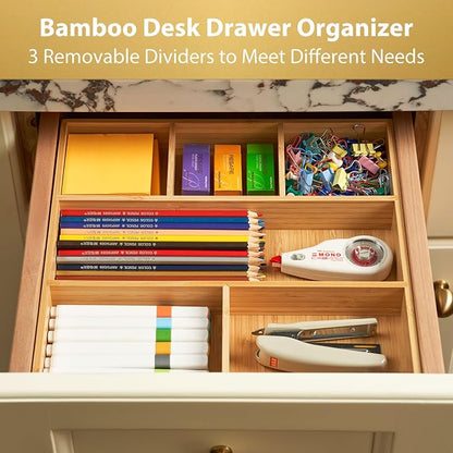 Umilife Bamboo Desk Drawer Organizer, Wood Office Junk Tray, 12"x12" | 1.8" Tall for Shallow Drawer - Adjustable dividers - Anti Slip Silicone Pads - Versatile Storage Box in Kitchen, Pantry