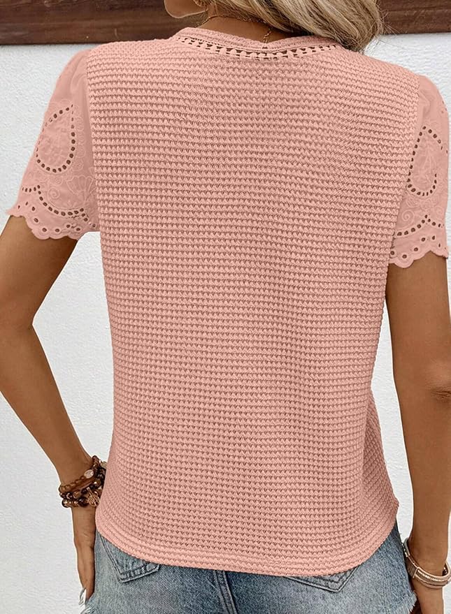 SHEWIN Womens Frenchy Summer Tops Crewneck Short Sleeve T Shirts Casual Waffle Knit Jacquard Blouses Top Shirts