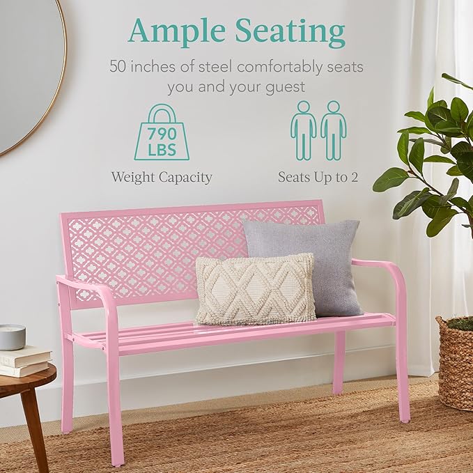 Best Choice Products Outdoor Bench 2-Person Metal Steel Benches Furniture for Garden, Patio, Porch, Entryway w/Geometric Backrest, 790lb Capacity - Pink