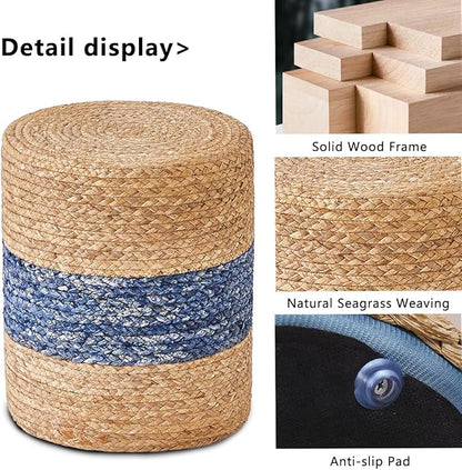 Wimarsbon Ottoman Foot Rest Stool Round Natural Seagrass Foot Stool Hand-Woven Boho Pouf Ottomans Home Decor Footstool Extra Seating for Living Room Bedroom Entryway Blue