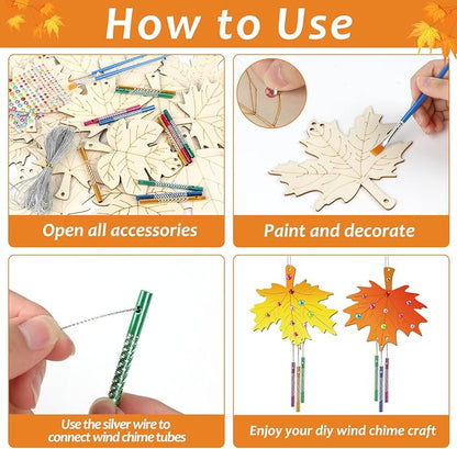 gisgfim 16 Pack Fall Wind Chime Kits for Make Your Own Maple Leaves Wind Chime Wooden DIY Arts and Crafts for Thanksgiving Autumn Party Decorations Supplies Birthday Favor