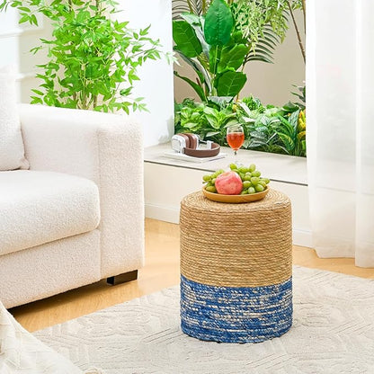 Wimarsbon Natural Seagrass Foot Stool, Hand Weaving Round Ottoman, for Living Room, Outdoor Seat (Natural & Blue)