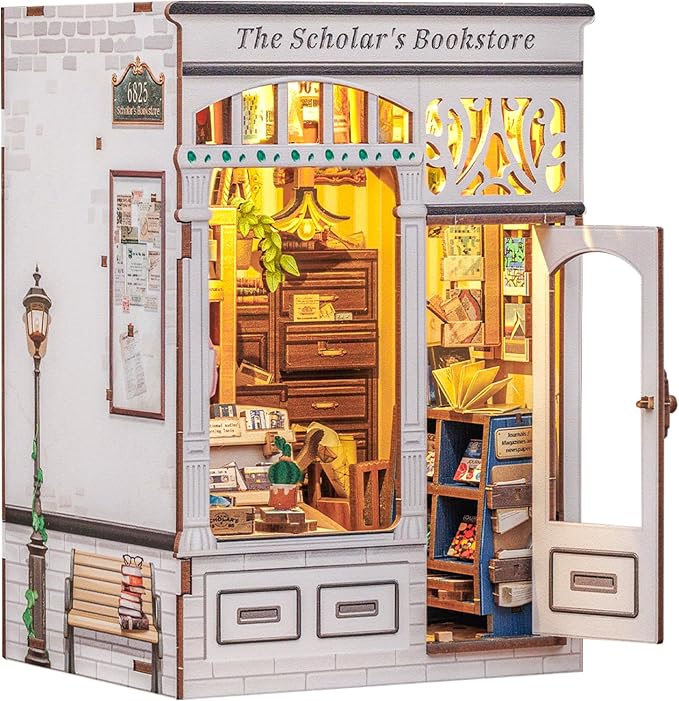 CUTEBEE DIY Book Nook Kit, Miniature House Kits for Adult and Teens, DIY Miniature Book Nook kit with Sensor Led Light, Gifts for Lovers and Family (The Scholar's Bookstore)