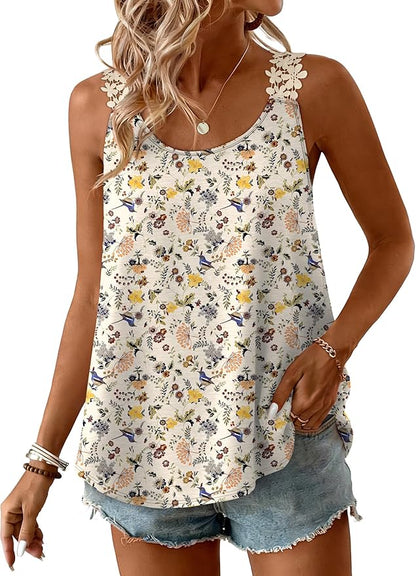 OFEEFAN Tank Top for Women Loose Fit Crew Neck Sleeveless Shirts Strap Lace Camisole Chiffon Summer Tops Curved Hem